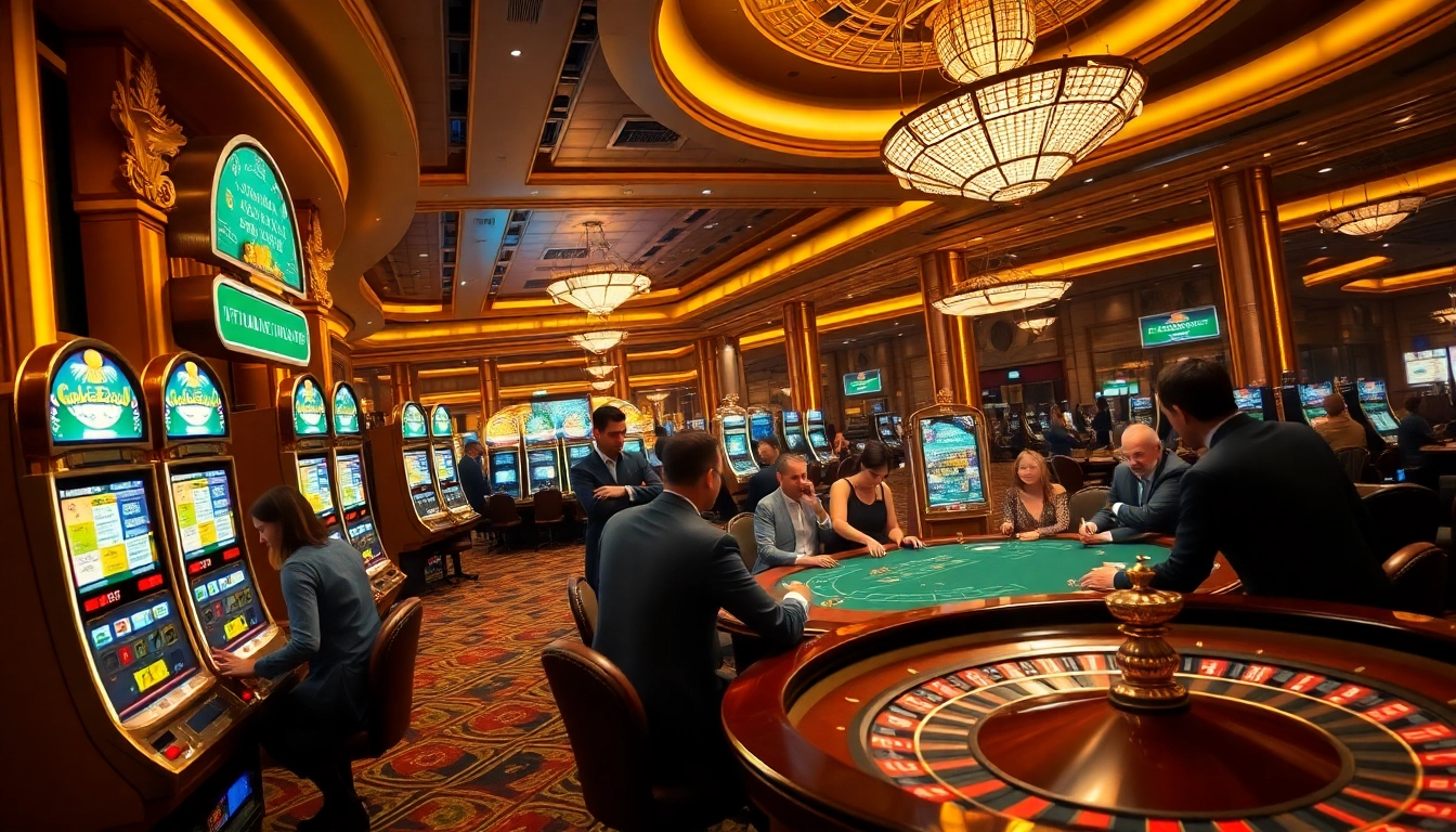Gambling action at an engaging casino with leci123 themed slot machines and poker tables.