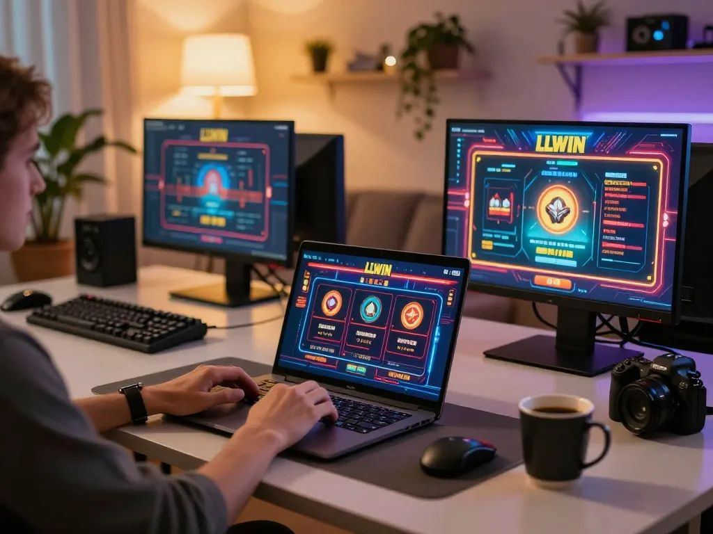 Engaging gaming moment on LLWIN with a player using a laptop in a cozy setup, highlighting online casino excitement.