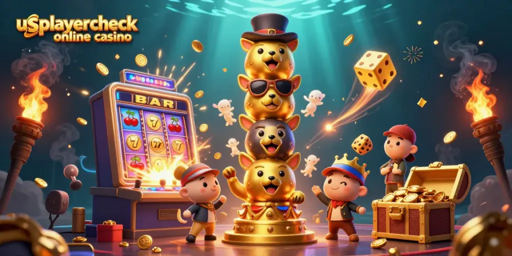 Experience the excitement of usplayercheck online casino with vibrant slot machines and animated characters.
