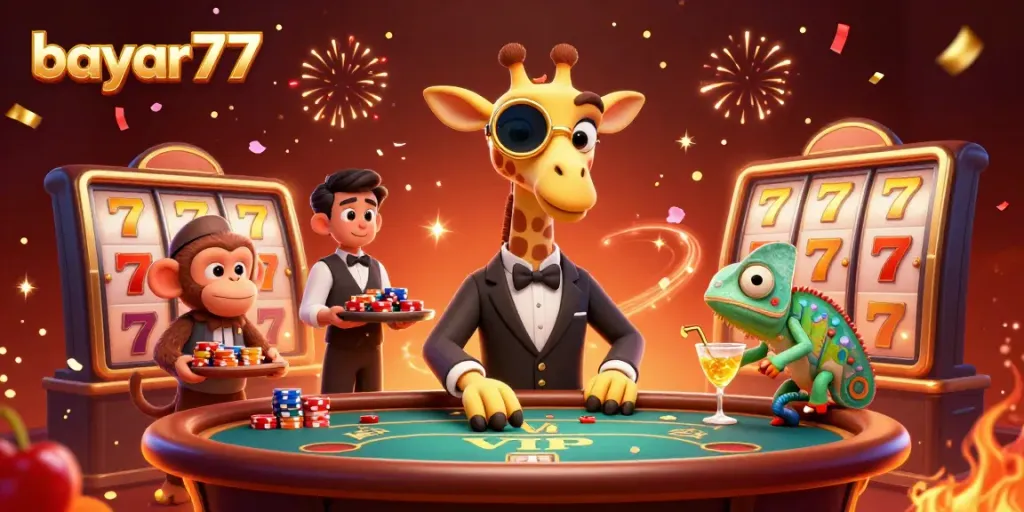 Experience seamless gaming with bayar77 as a high-roller giraffe plays with a monkey valet and a chameleon bartender.