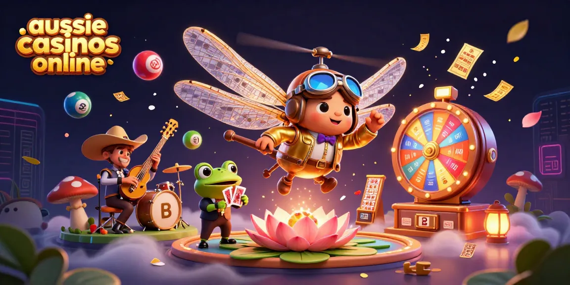 Experience the excitement at aussie casinos online with vibrant visuals of a dragonfly pilot and frog croupier.