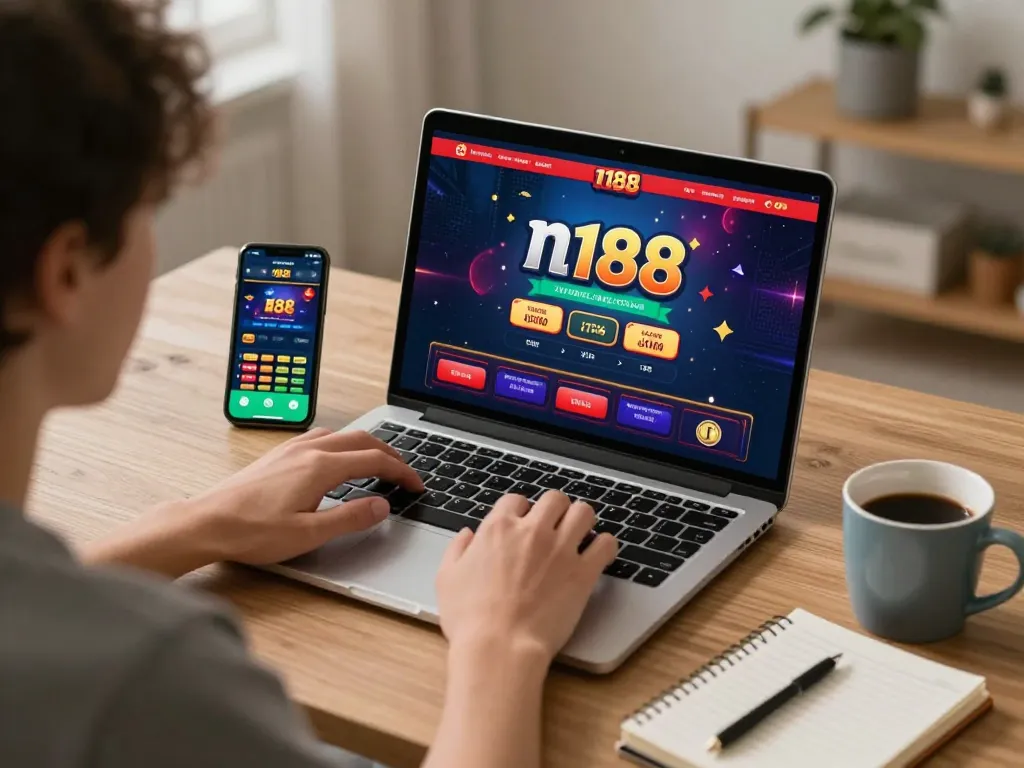 Engaging online gaming with n188 casino interface on a laptop and sports betting on a smartphone