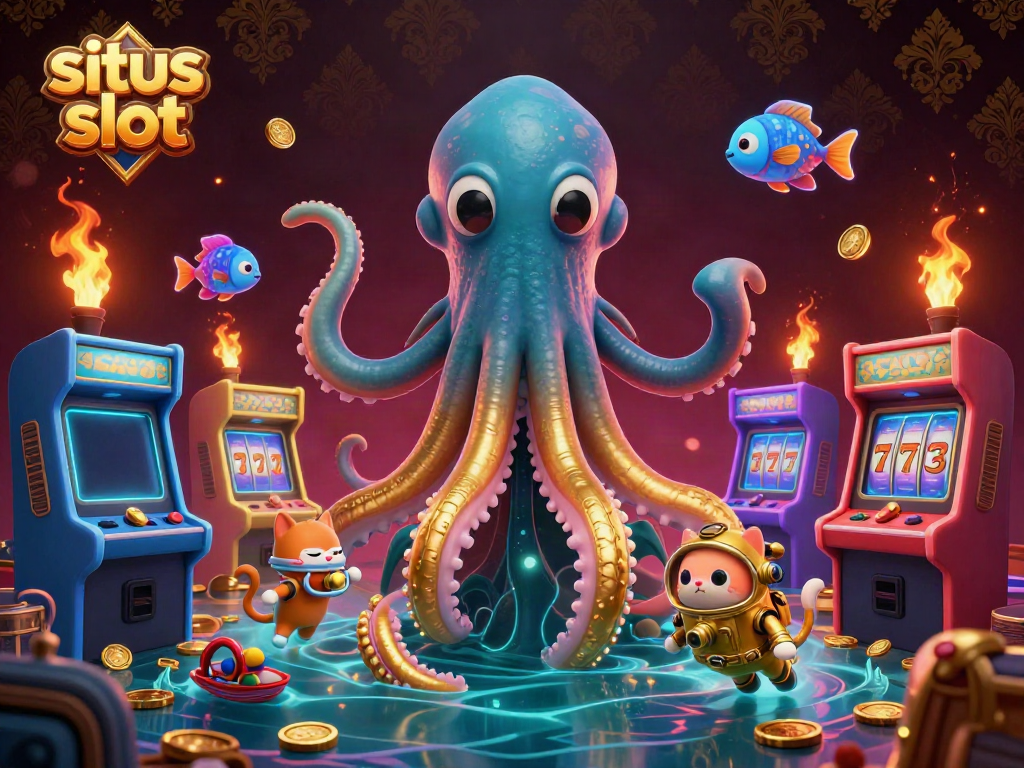 Menang besar di situs slot dengan gulungan slot dan karakter menarik.