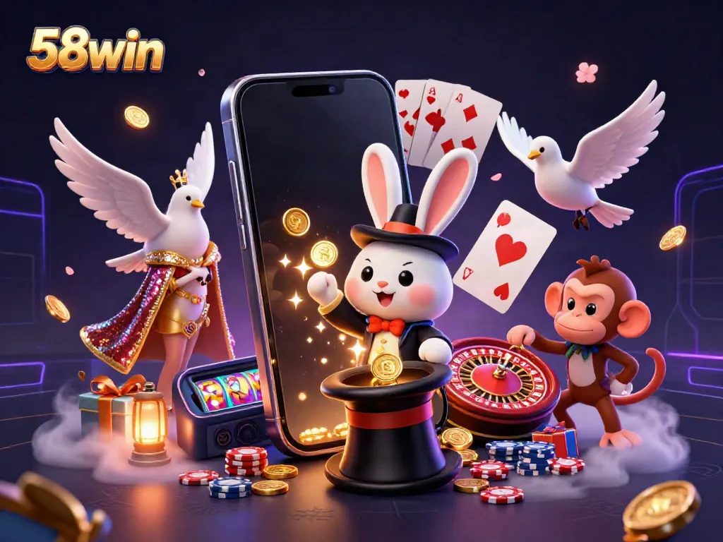 Experience 58win's magic with a playful scene of a rabbit, dove, and monkey amidst casino prizes.