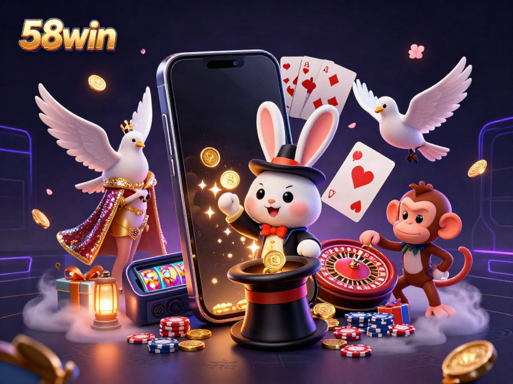 Experience 58win's magic with a playful scene of a rabbit, dove, and monkey amidst casino prizes.