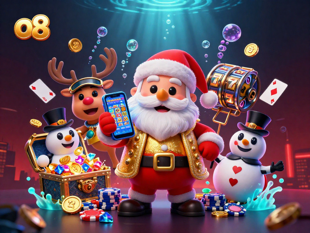 Engage with the exciting world of o8 as Santa celebrates jackpots in an immersive casino setting.