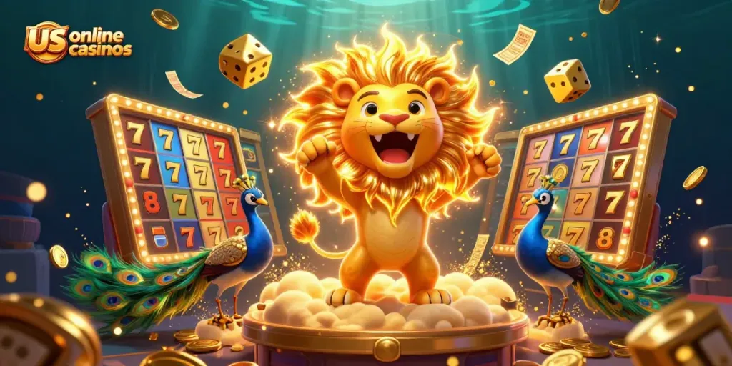 Engaging scene of us online casinos showcasing a roaring lion, golden dice, and vibrant slot reels.