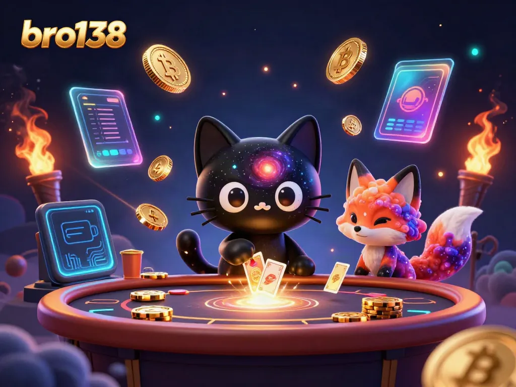 Engage with exciting promotions at bro138, featuring a cosmic casino scene with animated characters.