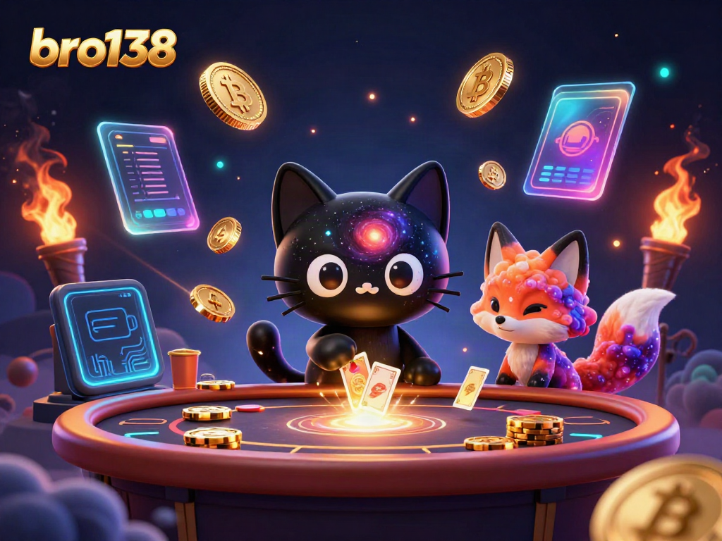 Engage with exciting promotions at bro138, featuring a cosmic casino scene with animated characters.