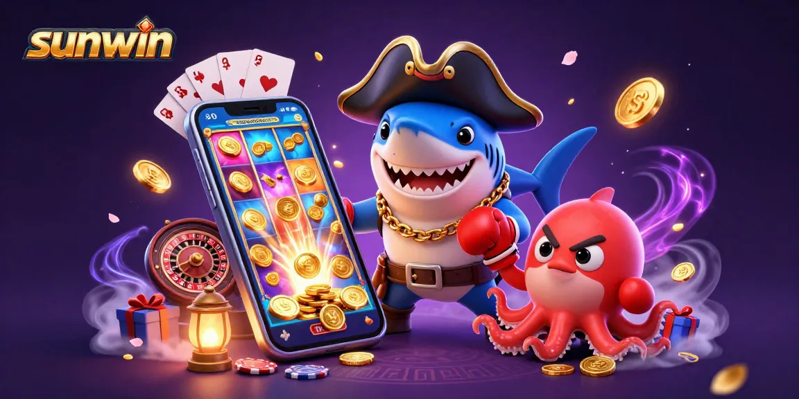 Play thrilling casino games at Sunwin with an exciting 3D gaming illustration featuring vibrant characters.