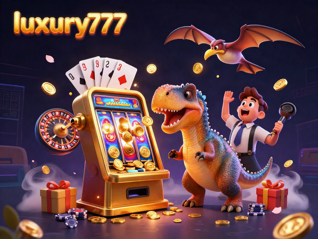 luxury777 membayar jackpot dengan slot mesin emas dan dinosaurus kartun dalam kasino.