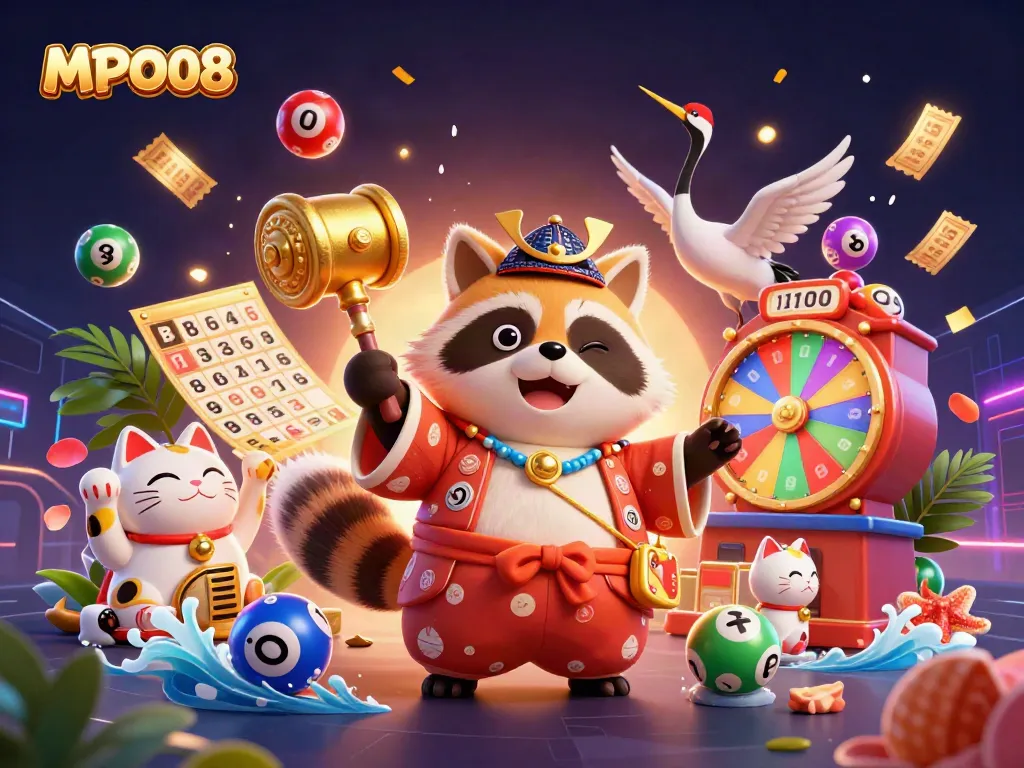 MPO08 engages players with a vibrant scene full of fortune cats, lottery balls, and festive elements.