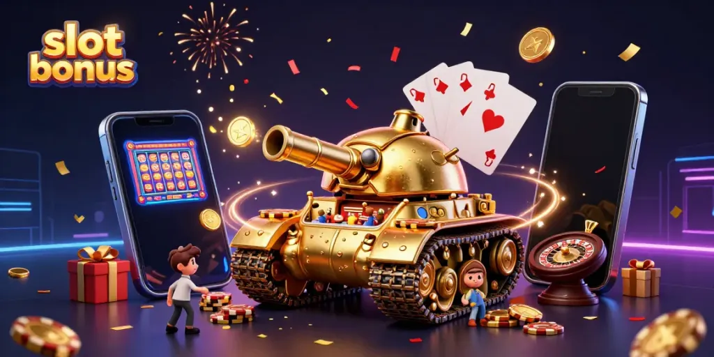 Experience the excitement of slot bonuses with a dynamic casino scene featuring a golden beetle tank, colorful slot game, and festive confetti