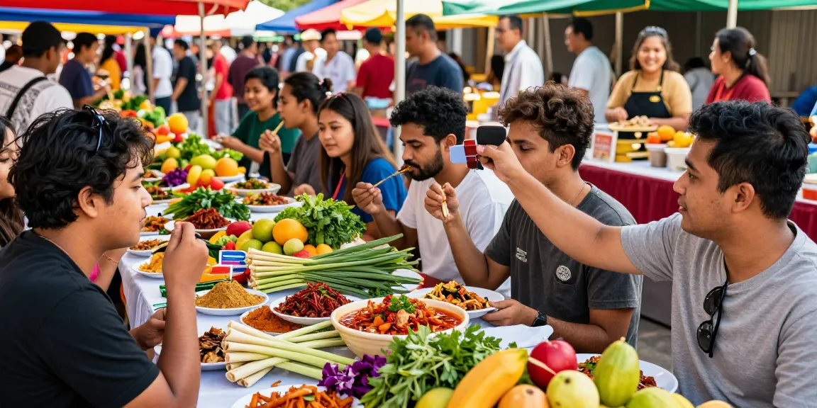 Enjoying delicious street food with friends at a vibrant market, showcasing fresh dishes and ingredients including สล็อต.