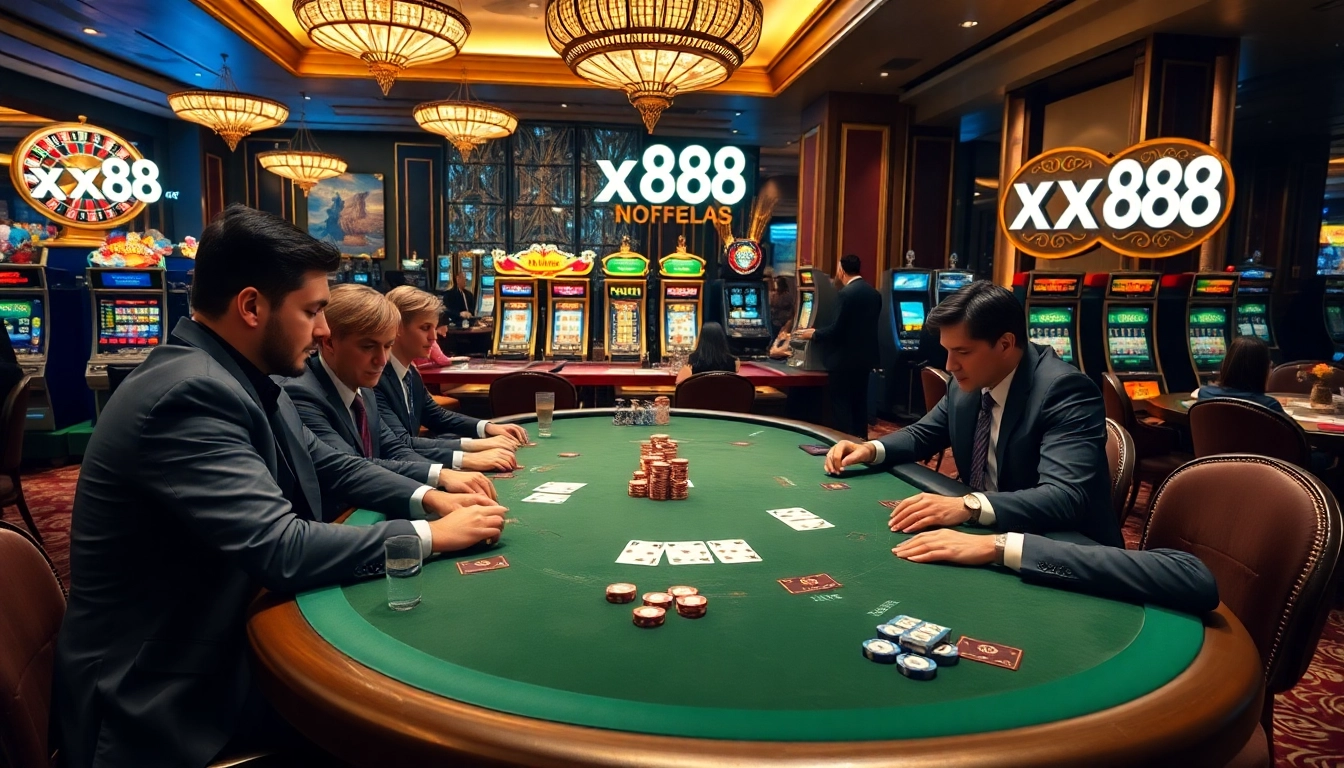 Engaged poker players at x88 casino table, showcasing high-stakes betting excitement.