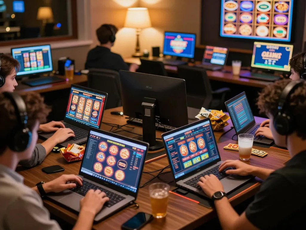 Players enjoying tr88 online casino games on laptops and mobile devices in a cozy atmosphere.