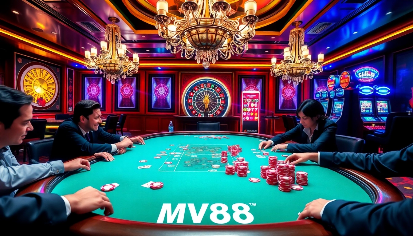 Players immerse themselves in a thrilling poker game at MV88 casino, surrounded by vibrant gambling elements.