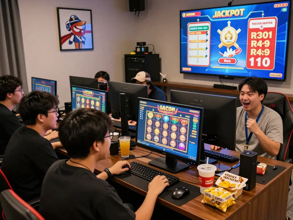Excited players enjoying slot gacor games in a lively gaming room.