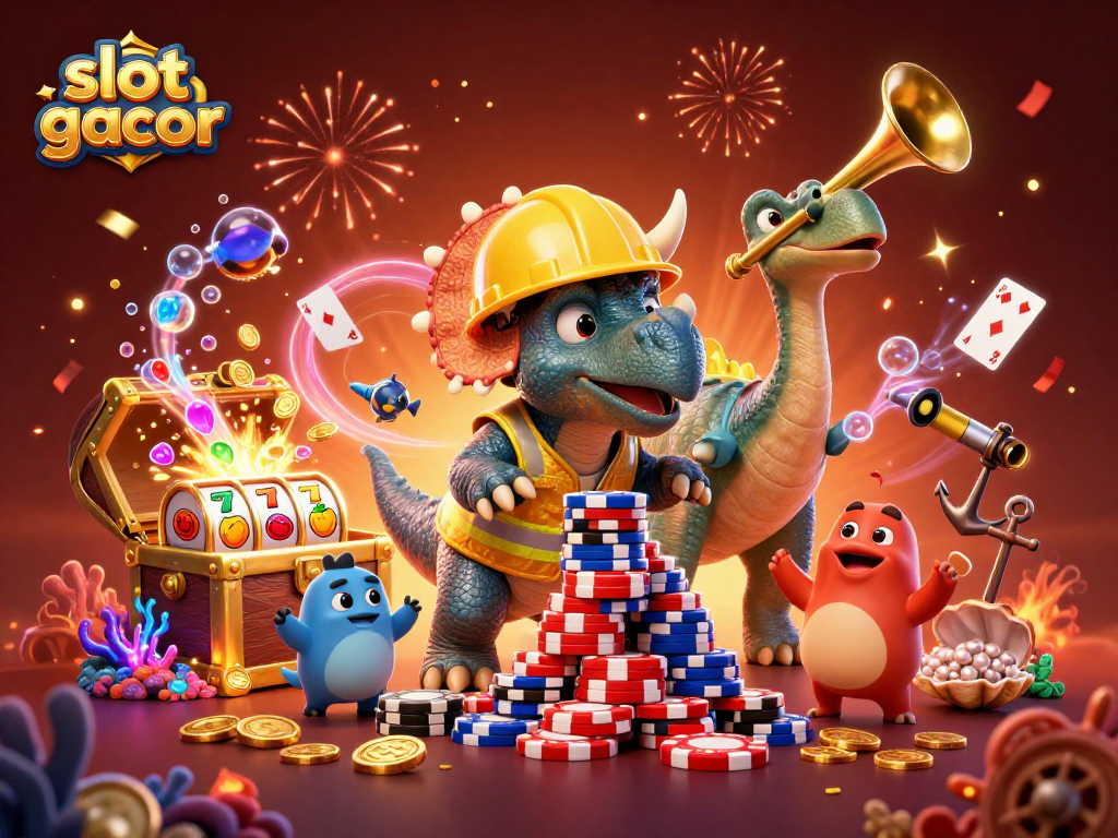 Slot gacor menampilkan triceratops membangun tumpukan poker chips sambil dikelilingi koin dan permainan kartu