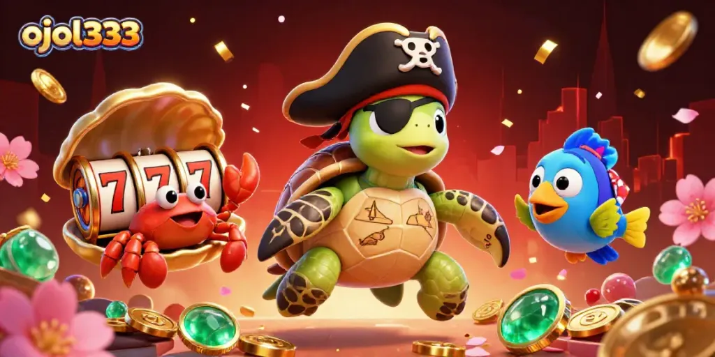 Engage with exciting casino adventures at ojol333, featuring a treasure-seeking turtle and vibrant game elements.