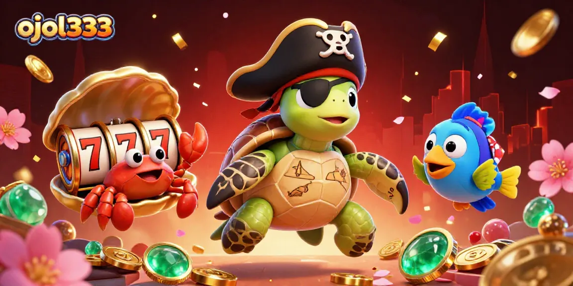 Engage with exciting casino adventures at ojol333, featuring a treasure-seeking turtle and vibrant game elements.