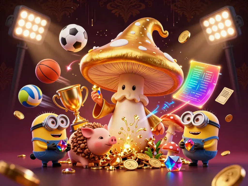 Experience the magic of AE888 with a golden mushroom wizard and sports-themed elements in a vibrant 3D scene.