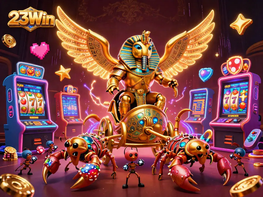23Win illustrates exciting online slot gameplay featuring a golden scarab and vibrant casino elements.