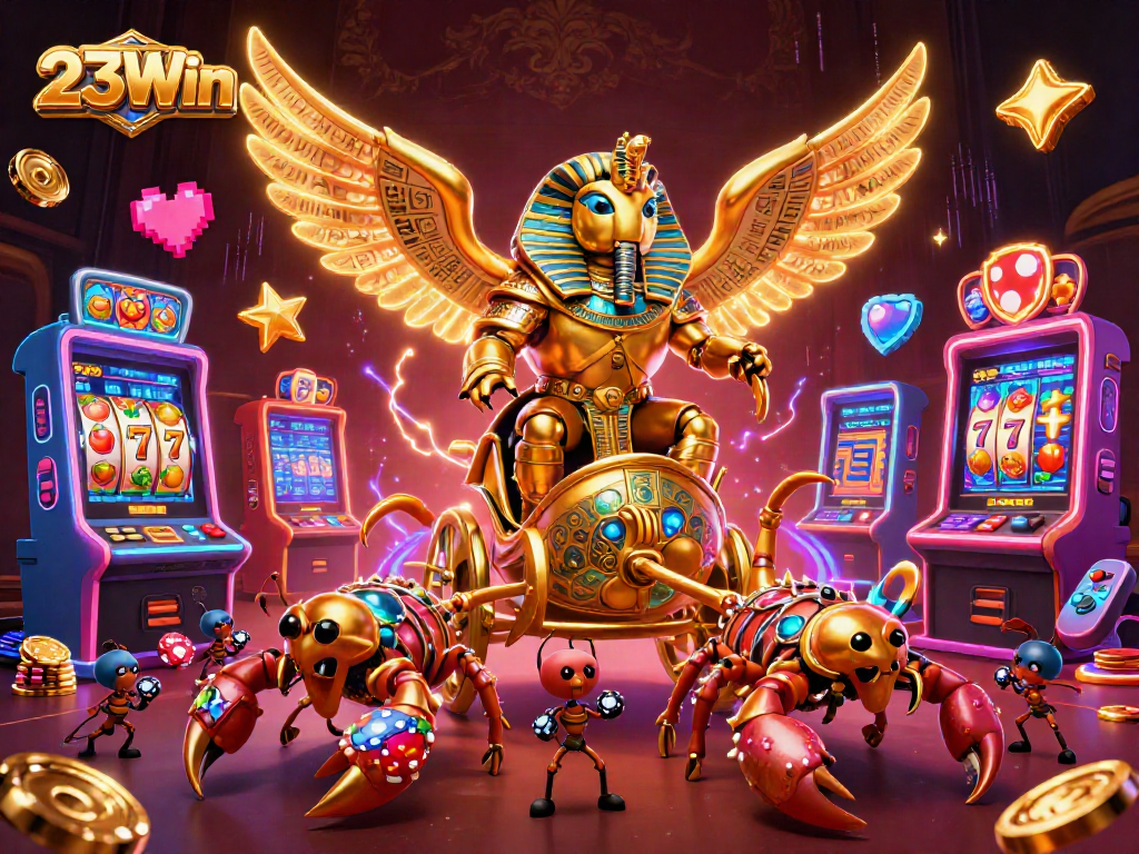 23Win illustrates exciting online slot gameplay featuring a golden scarab and vibrant casino elements.