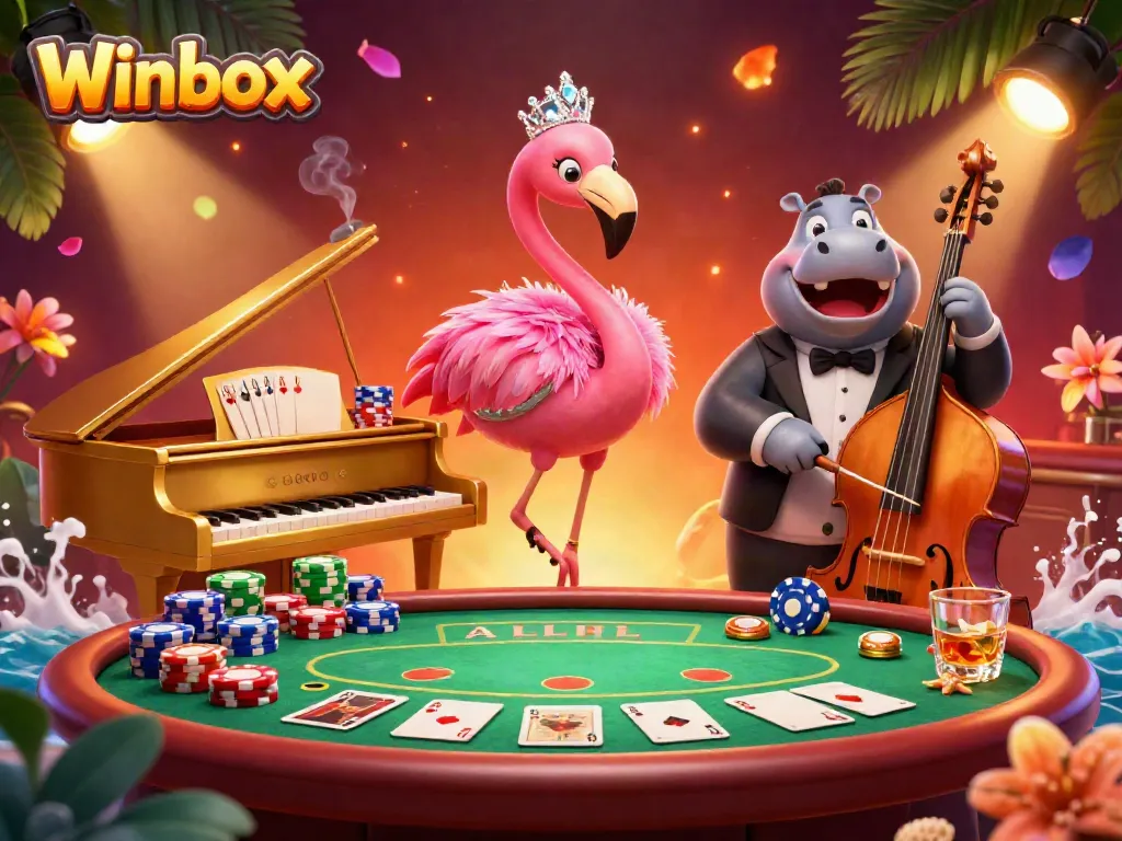 Join the fun at Winbox's vibrant casino scene, showcasing a flamingo singer, poker elements, and more!