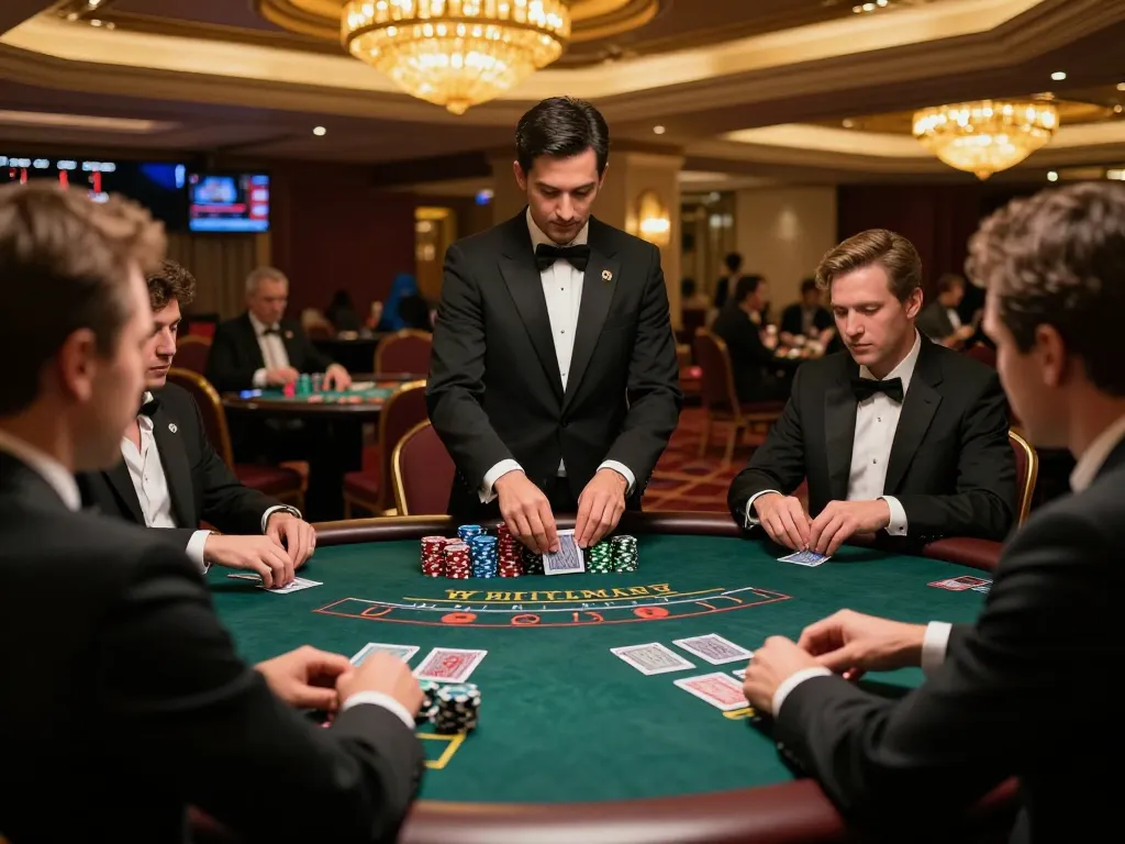 TG777 high-stakes blackjack game with focused players and expert dealer in luxurious setting.