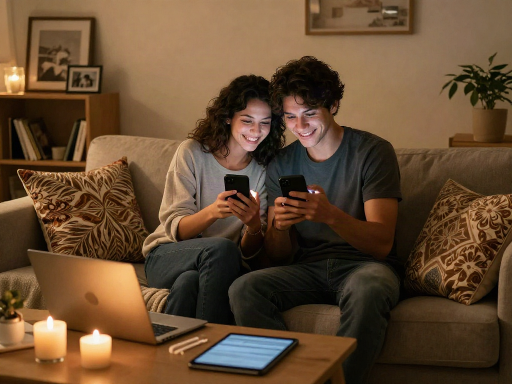 Couple indulging in sexting ai activities in a cozy setting, showcasing intimacy and connection.
