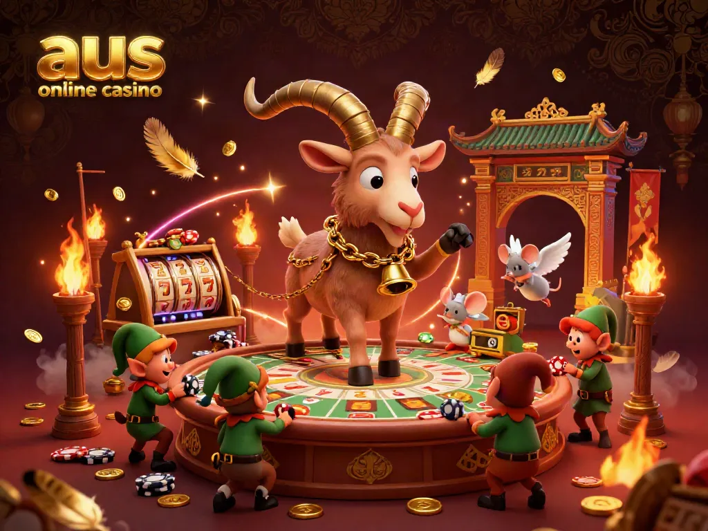 Engage in thrilling gameplay at aus online casino with a festive Krampus goat amid lively chaos.