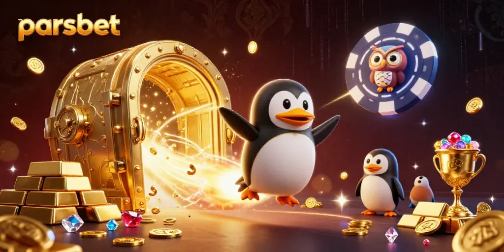 Parsbet ile kazanç sağlayan 3D uzayda altın penguenin casino istasyonuna doğru hareketi.