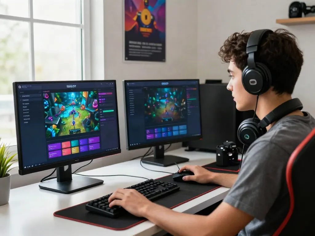Exciting SGPSLOT link login scene highlighting a focused gamer at a dual-monitor setup.