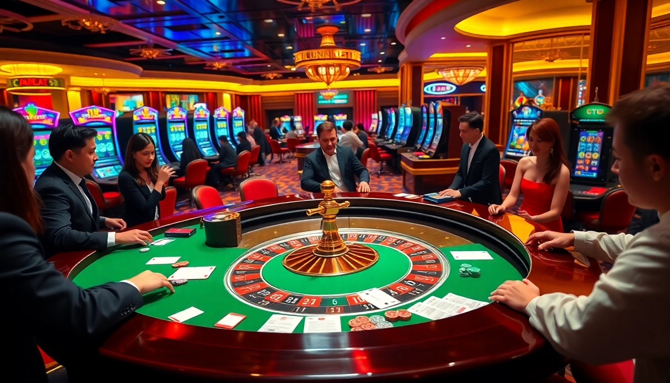 Players enjoy a thrilling game at the tg88 casino, featuring roulette tables and vibrant slot machines.