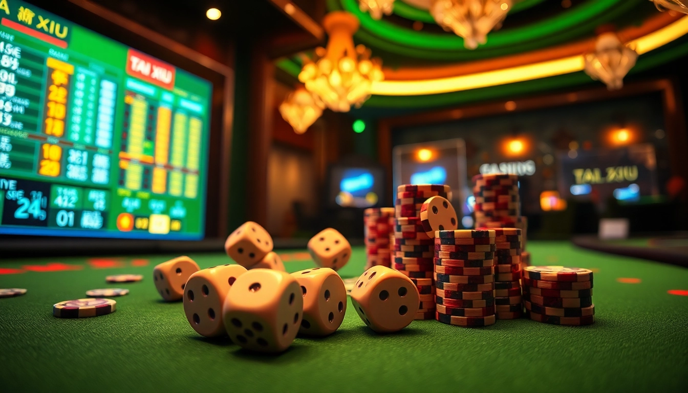 Players enjoying an engaging game of tai xiu at a luxurious online casino setting, capturing the thrill of dice betting.
