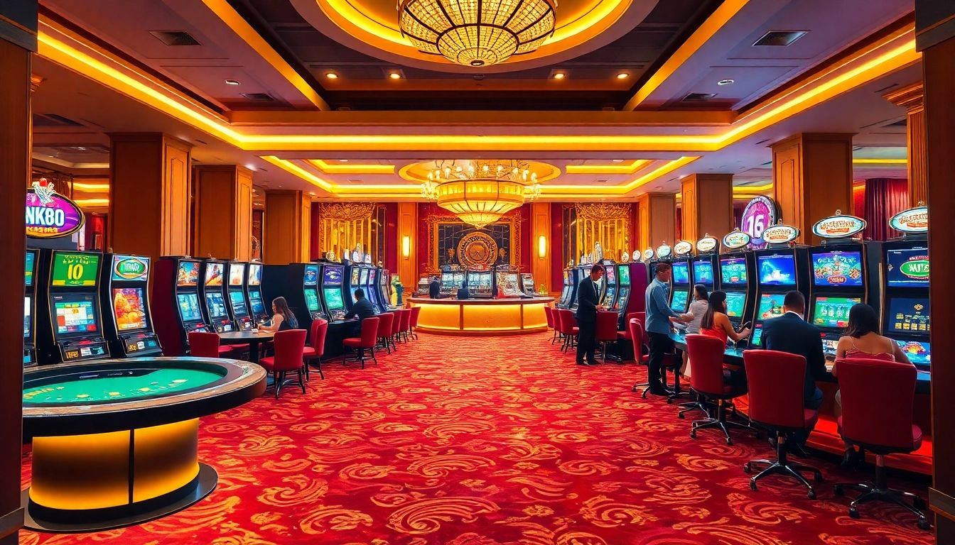 Thrilling gaming experience at NK88 casino with lively slot machines and poker tables.