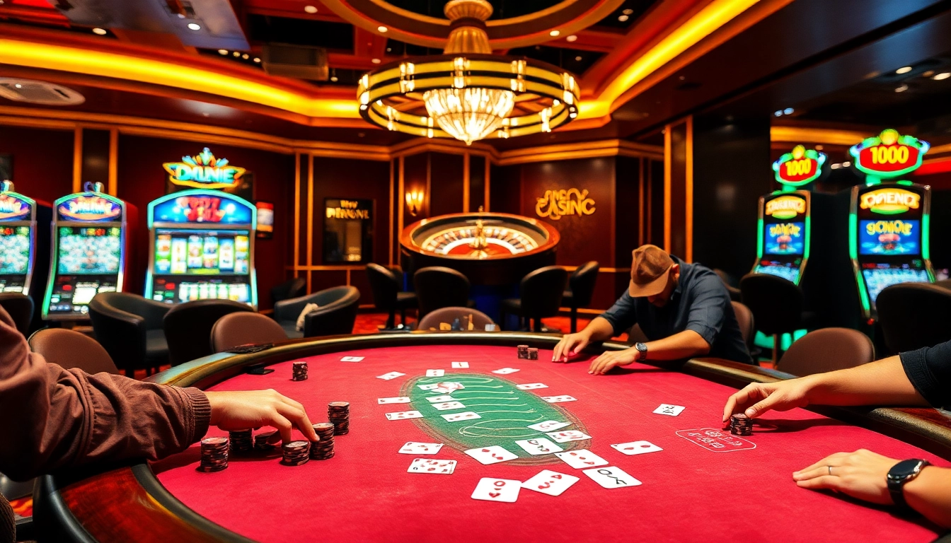 Exciting poker game at OPEN88-themed casino table with vibrant chips and cards.