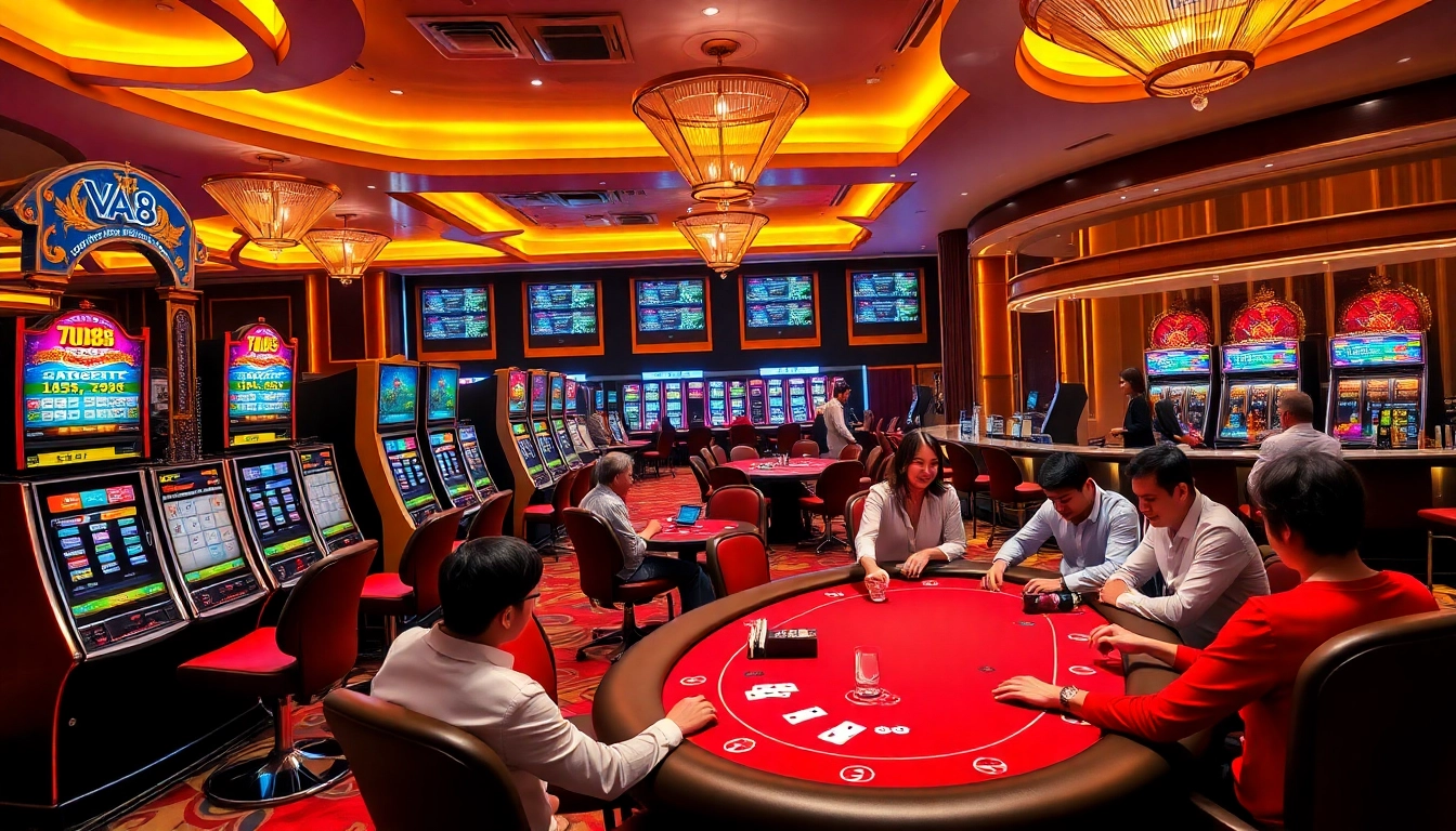 Exciting gaming action at VA88 casino with vibrant slot machines and poker tables.
