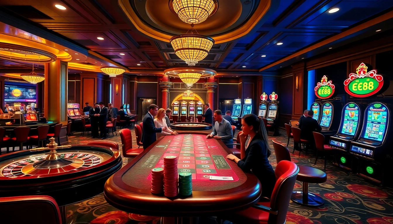 An engaging scene of EE88 casino gaming with roulette and poker tables, showcasing excitement and luxury.
