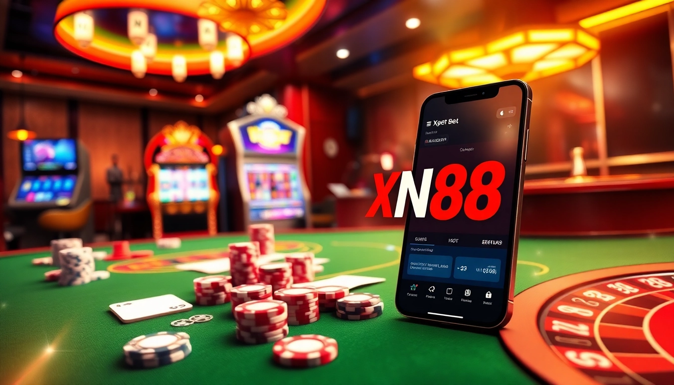 Experience the thrill of xn88 bet with vibrant casino visuals showcasing poker and slots.