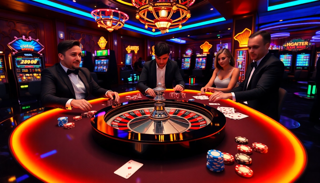 Players enjoying an exciting game at LC88 casino table with poker chips and roulette wheel.