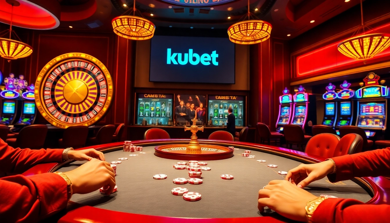 Kubet players enjoying a high-stakes poker game in an elegant casino setting.