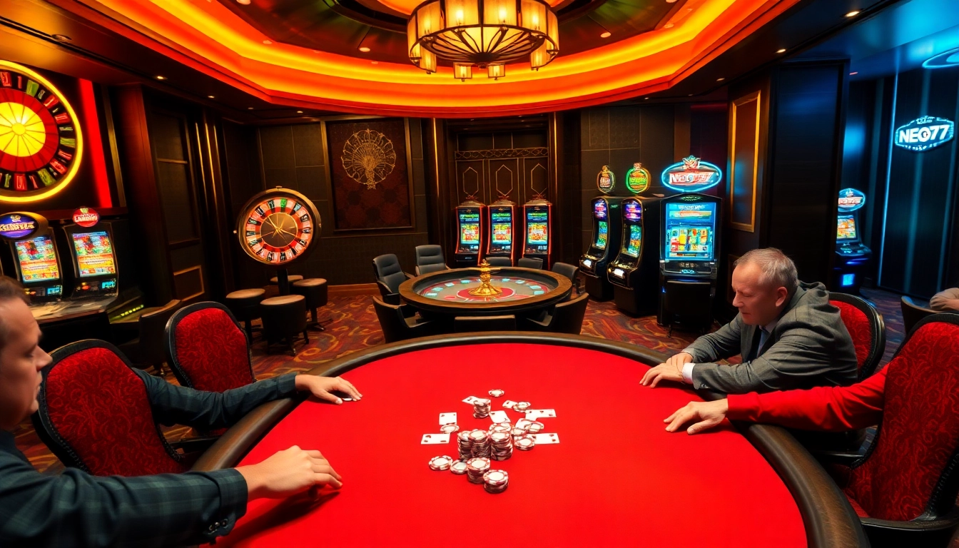 Players at the NEO79 casino engage in an exciting game of poker amid dazzling slot machines and a roulette wheel.