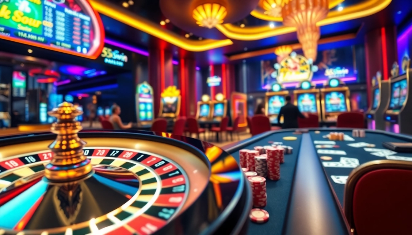 Experience the thrill of 555win at a vibrant casino scene featuring roulette and slot machines.