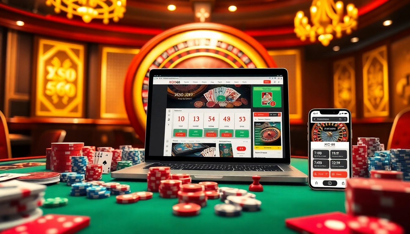 Xoso66 online casino interface with vibrant poker chips and roulette wheel.