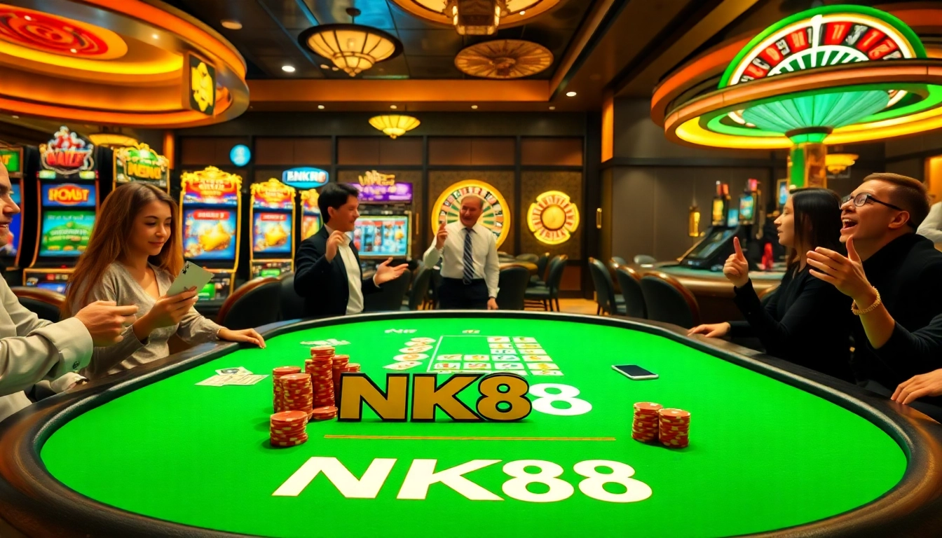 Exciting NK88 poker table scene with vibrant players and colorful slot machines.