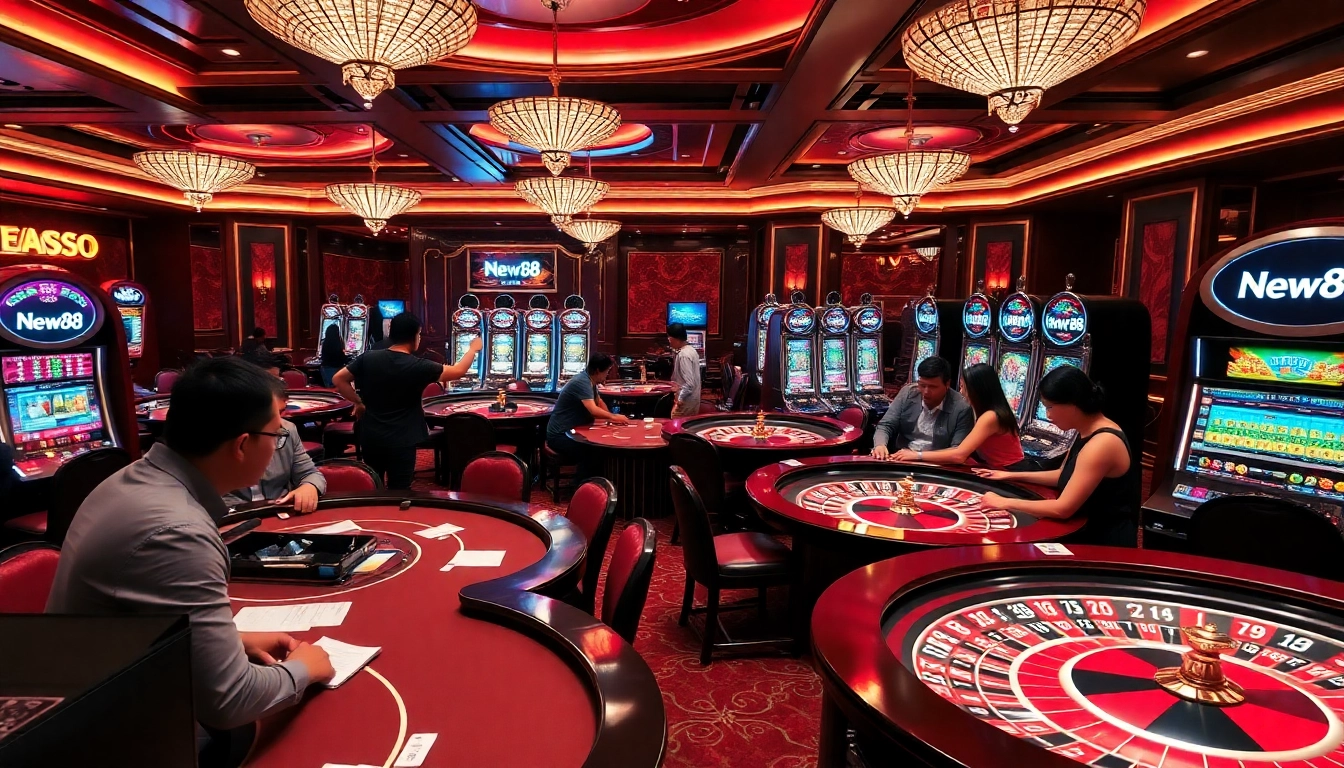 Players enjoying the New88 casino experience with vibrant slot machines and exciting table games.