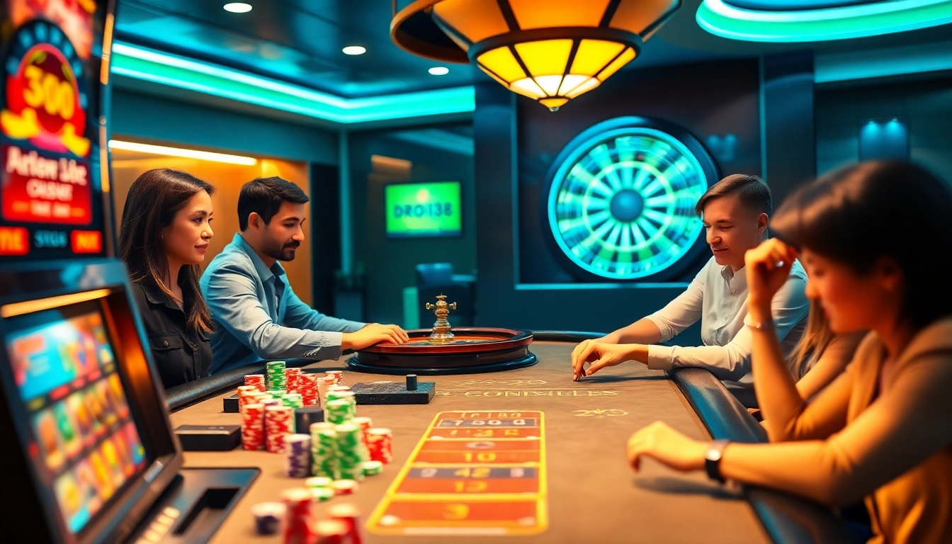 Experience thrilling gameplay with bro138 at a luxurious casino featuring vibrant tables and slot machines.