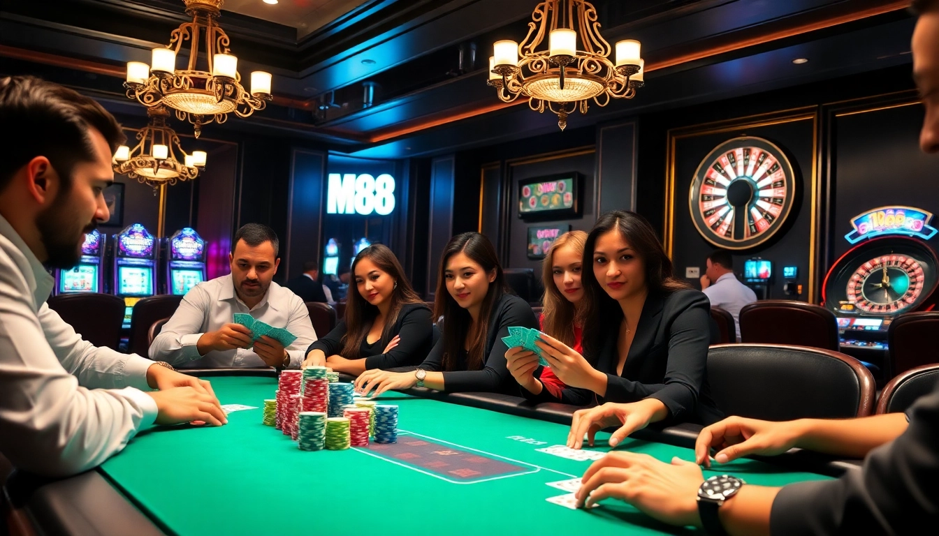High-stakes poker action at M88 casino, featuring intense players and vibrant casino elements.